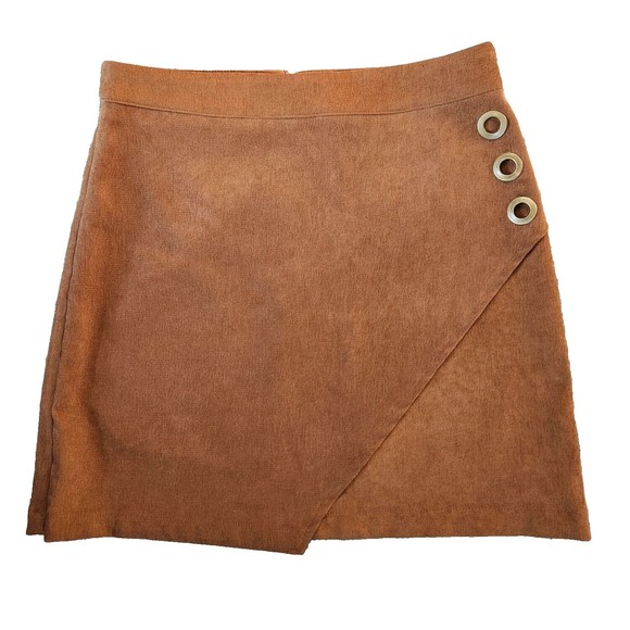 Mini Skirt Sz M Brown Faux Suede A-Line Eyelet Detail Preppy Casual Eye Catching - Picture 1 of 8